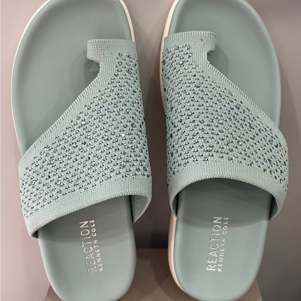 Kenneth‎ Cole Light Blue Knit Slide Sandals with Rhinestone Detail